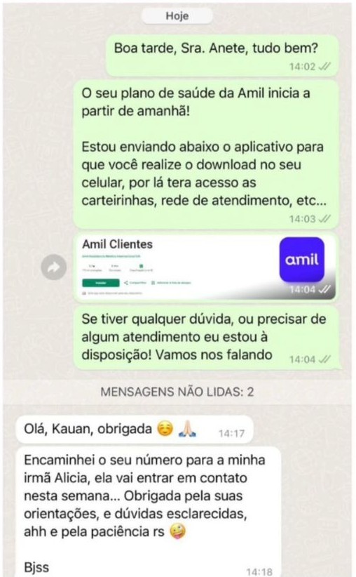 Feedback de cliente Amil no WhatsApp