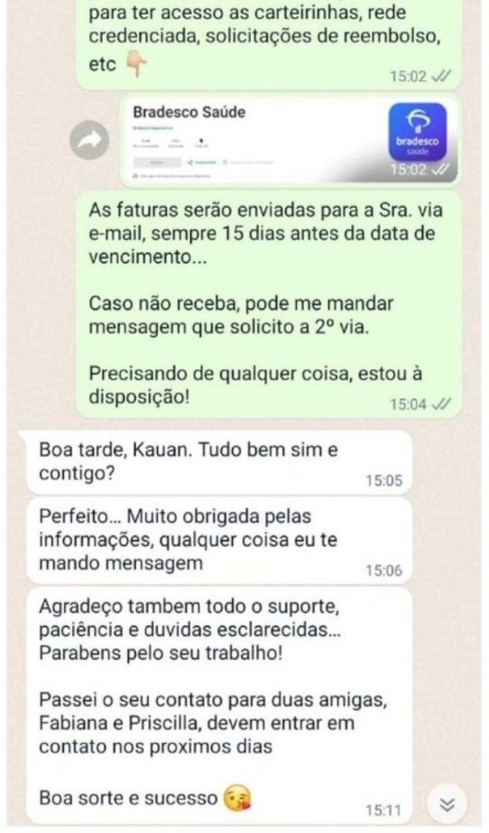 Feedback de cliente Bradesco Saúde no WhatsApp