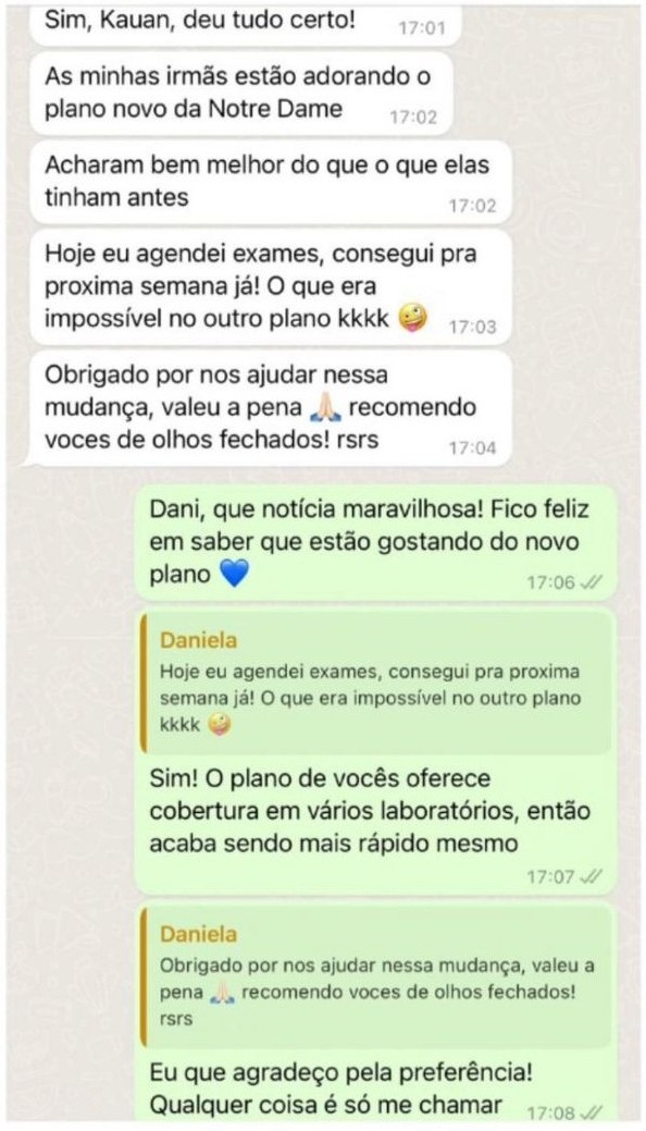 Feedback de cliente NotreDame Intermédica no WhatsApp
